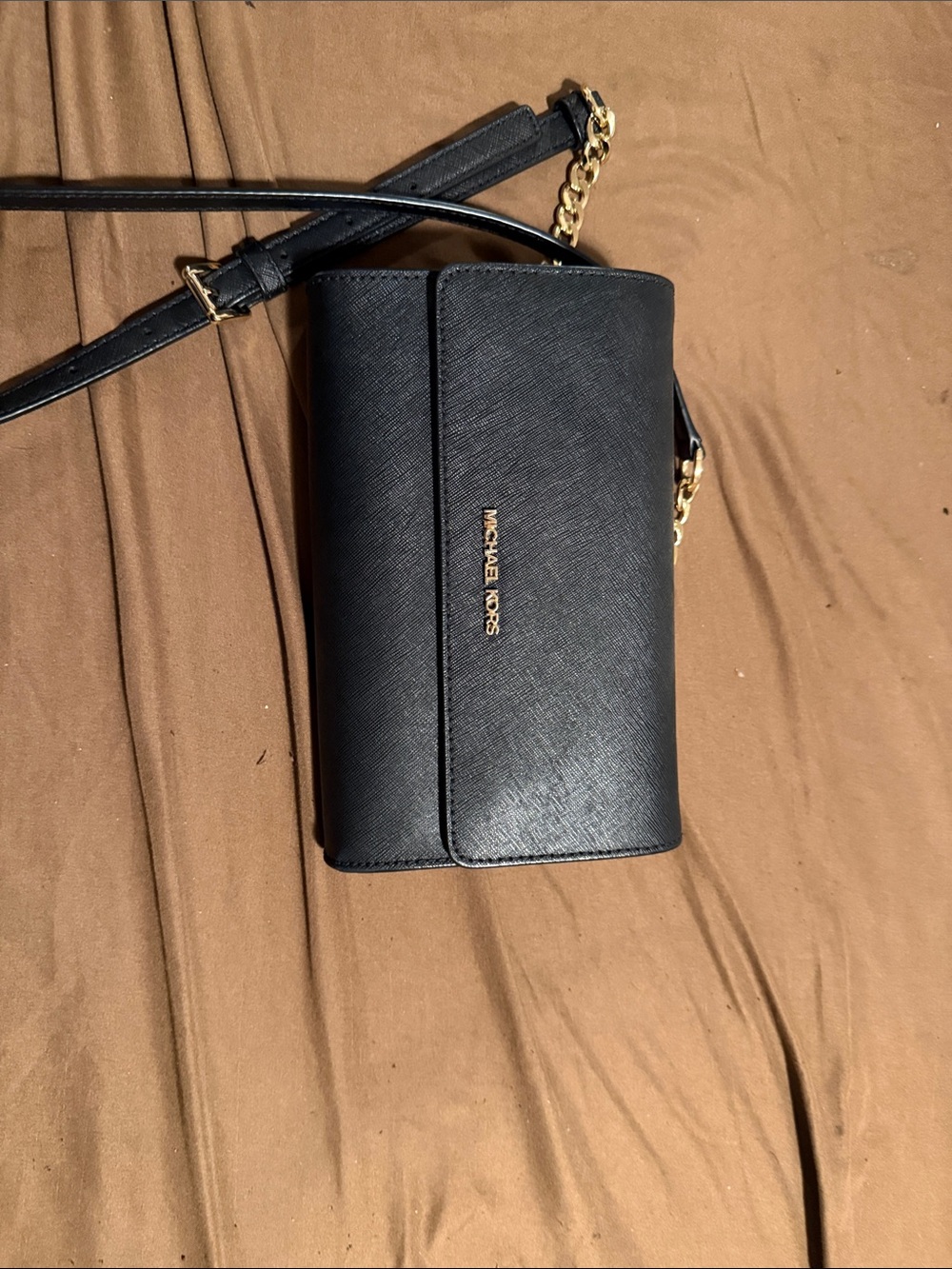 Michael Kors Black Leather Crossbody with Gold Chain